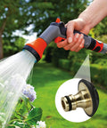 Garden hose spraying water with inset showing 50 Pack Thickened O-Rings Set For 1/4 Inch And M22 Quick Connect Seals.