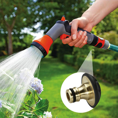 Garden hose spraying water with inset showing 50 Pack Thickened O-Rings Set For 1/4 Inch And M22 Quick Connect Seals.