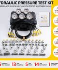 Hydraulic Pressure Test Kit for Excavators, Loaders and Heavy Machinery With Five Non Yellowing Gauges, Twelve Test Couplings, Fourteen Tee Connectors, Carter Quick Connector, Five Hoses and Portable Storage Case, shown with gauges and fittings