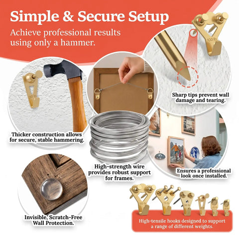 248 Piece Picture Hanging Kit With Heavy Duty Hooks For Walls, Frames And Mirrors, Display Ready Hardware Set Includes Sawtooth Hangers, D Rings, Wire, Nails, Adhesive Dots, And Self Stick Bumpers For No Wobble, Straight Hangs; gold hooks, wire, and bumpers