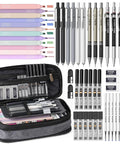 All In One 50 Piece School Supplies Stationery Set With Pencil Case, 6 Gel Pens And Refills, 12 Pastel Highlighters visible