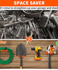 Before and after of garage organization using 8-Inch Vertical Trimmer Rack Wall Mount Heavy Duty Garden Tool Hanger for garage.
