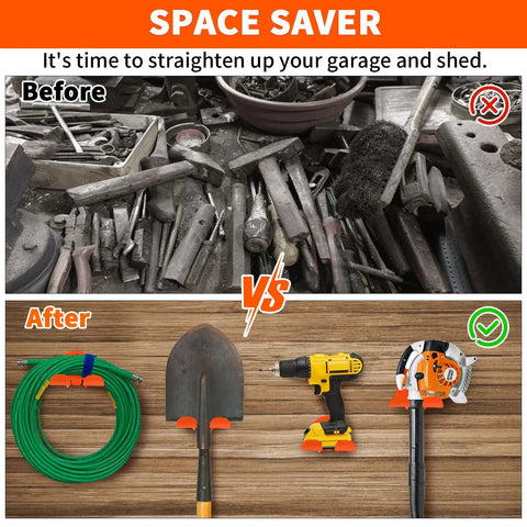Before and after of garage organization using 8-Inch Vertical Trimmer Rack Wall Mount Heavy Duty Garden Tool Hanger for garage.