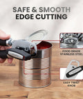 Comfy Manual Can Opener With Bottle Opener in use, cutting a can. Features rust proof stainless steel, soft grip handles, and turn knob.