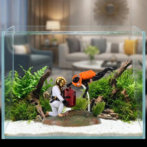 Floating Diver Treasure Chest Aquarium Ornament For Fish Tanks With A Totally Unique Underwater Scene And Design A Cool Marine Decor Accessory Featuring A Diver And Hidden Treasure To Create Realistic Tank Landscape