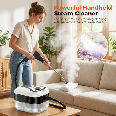 Portable Handheld Steam Cleaner With 1500W High Power For Homes And Kitchens features adjustable nozzle cleaning upholstery.