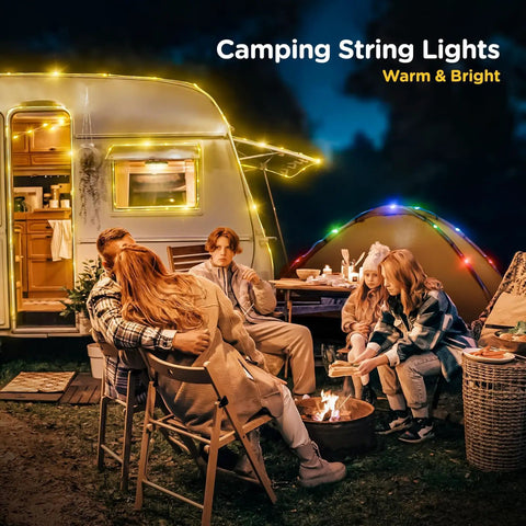 Family enjoying evening with Camping String Lights 32.8 Ft Rechargeable 4 In 1 Quick Storage Tent Lights illuminating campsite