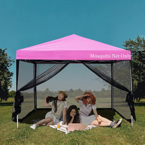 10x10 Mosquito Net With Zipper For Patio Gazebo And Canopy Tent shown on pink canopy with people inside on grass