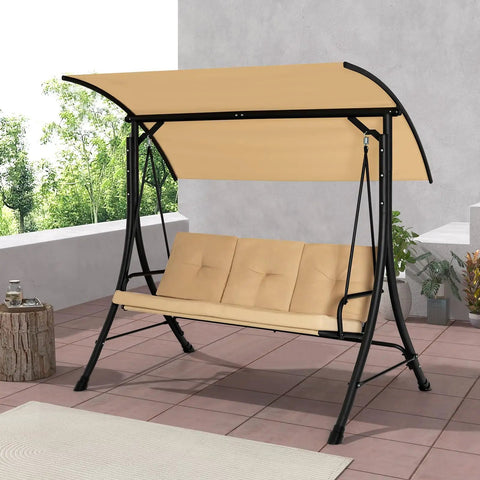 3-Seat Outdoor Porch Swing With Adjustable Canopy And Weatherproof Cover, Thick Cushions And Padded Armrests On A Sturdy Metal Frame