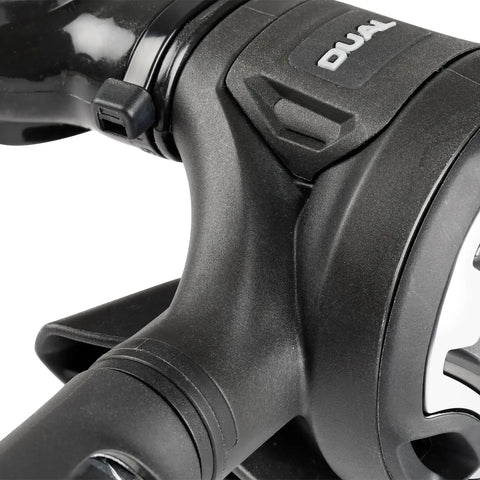 Close-up of Dual 15X Scuba Regulator Set With First And Second Stage Regulators And Yoke Connector showing durable technopolymer build