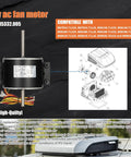 RV Brisk Air II Fan Motor Replacement One Quarter Horsepower Three Speed Genteq F48AF70A61 OEM Compatible Plug And Play Fits Dometic 3315332.005 Units Easy Install Quiet Operation In The RV Air Conditioning System with compatibility list and diagram.
