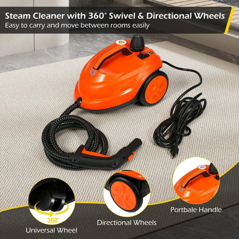 Heavy Duty 1800W Steam Cleaner Packing Five Bars Of Super Hot Vapor At 320F To Blast Away Grime Fast on a carpet during use.