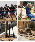 Heavy Duty Jute Rope 1 Inch By 100 Feet Twisted Natural Rope For DIY Home Decor, Crafts, Swing Railing And Climbing Projects, Manila Style Four Strand Braided Strength, Multipurpose And Durable shown in use for tug of war, swing, heat preservation, and gardening.