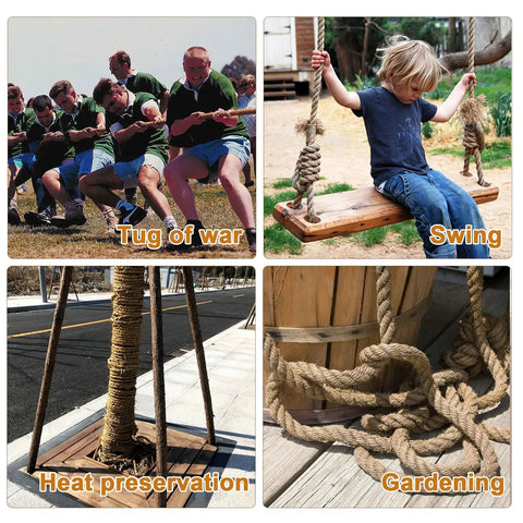 Heavy Duty Jute Rope 1 Inch By 100 Feet Twisted Natural Rope For DIY Home Decor, Crafts, Swing Railing And Climbing Projects, Manila Style Four Strand Braided Strength, Multipurpose And Durable shown in use for tug of war, swing, heat preservation, and gardening.