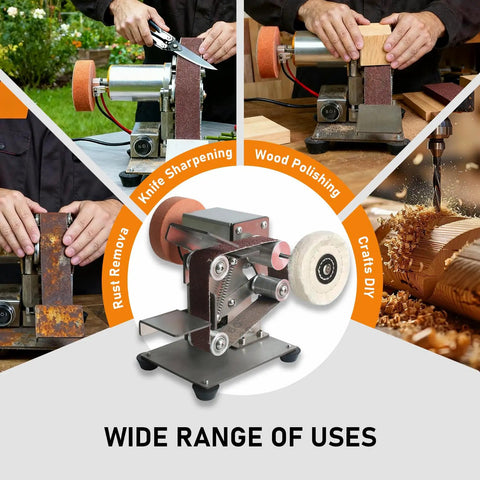 Slick Mini Belt Sander 110V With Quick Adjust Seven Speed Settings Portable Knife sharpening and wood polishing in action.