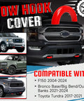Ford Tow Hook Covers 2-Pack for F150 2004-2025, Bronco Base Big Bend Outer Banks 2021-2025, Toyota Tundra 2017-2021 in red visible.
