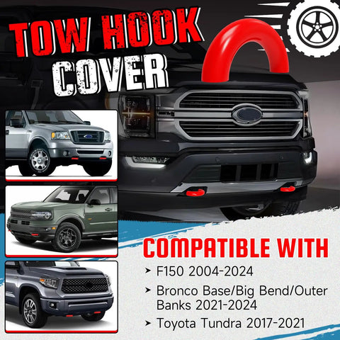Ford Tow Hook Covers 2-Pack for F150 2004-2025, Bronco Base Big Bend Outer Banks 2021-2025, Toyota Tundra 2017-2021 in red visible.