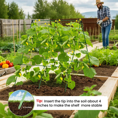Cucumber Trellis 35 Inch By 50 Inch A Frame Garden Trellis for climbing plants in outdoor garden with cucumbers and raised bed