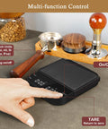 Digital Coffee Scale With Built In Timer 0.1g Precision To 3000g Rechargeable Espresso Scale on counter with barista tools