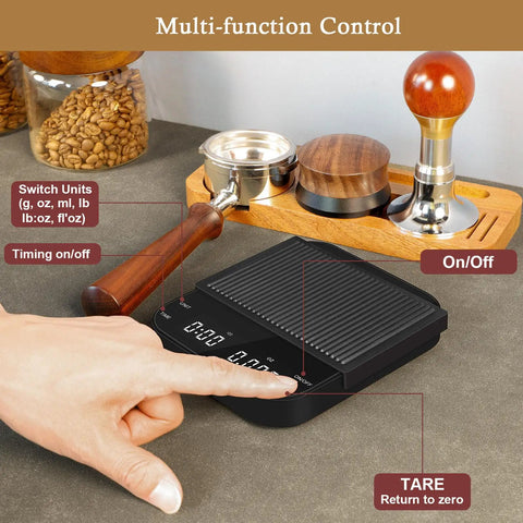 Digital Coffee Scale With Built In Timer 0.1g Precision To 3000g Rechargeable Espresso Scale on counter with barista tools