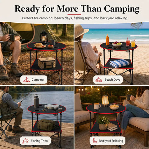 Lightweight Folding Camping Table With 4 Cup Holders Waterproof Canvas Outdoor Table For Beach Camping Tailgating Picnics Campfires Easy Carry Bag in various settings