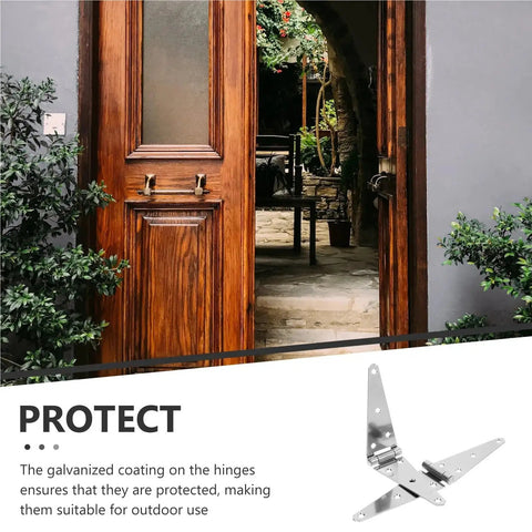 Twin Pack Heavy Duty Galvanized Steel Door Hinges Built Tough As Nails For Sheds Barns And Wood Fences Weather Resistant Outdoor Replacement Hardware Kit No Stress Install mounted on a wooden door.