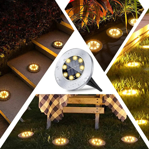 Solar Ground Yard Lights 16 Pack Easy Install Waterproof Disk LED In Ground Lights illuminating steps and garden path at night