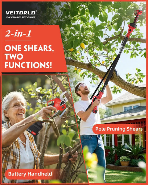 Person using Two In One Cordless Pole Pruner With 15 Ft Reach Brushless Motor Dual 2000mAh Batteries 30 Mm Cutting Capacity Extendable Pole