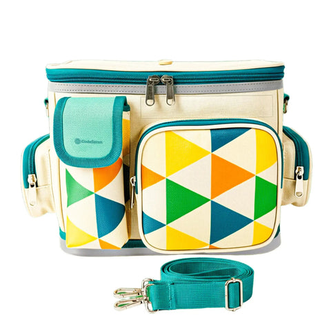 Insulated Kids Bike Basket With Two In One Handlebar And Shoulder Bag, Keeps Snacks Cold Or Lunch Warm, colorful pattern, straps shown.