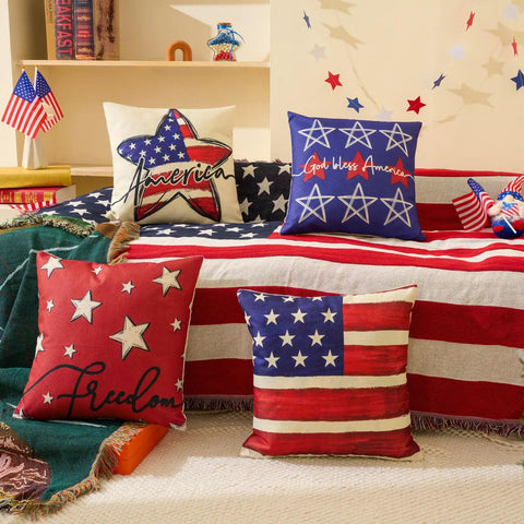 All American Patriotic Throw Pillow Covers Set Of 4 18 By 18 Inches Red White And Blue Decor For 4th Of July Memorial Day Veterans Day USA