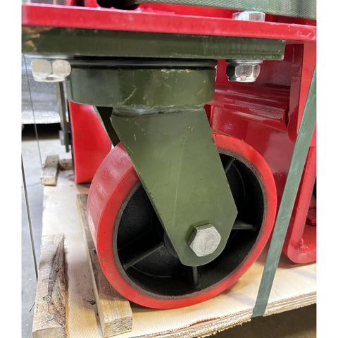 Close-up of polyurethane wheel on Economical Heavy Duty Hydraulic Machinery And Equipment Mover With Adjustable Forks Up To 12000 Lb Capacity.