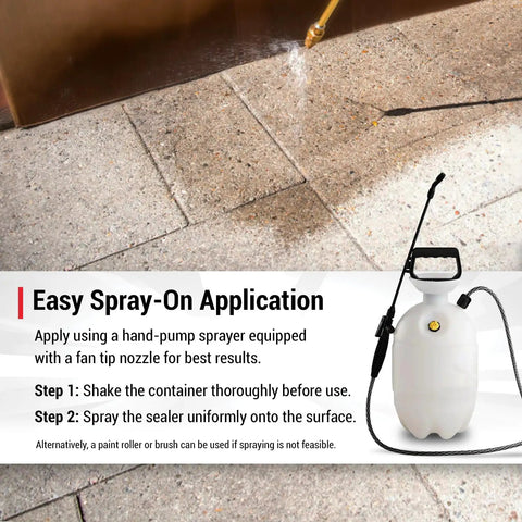 Spraying Penetrating Paver Sealer With Breathable Silane Formula on concrete pavers using a hand-pump sprayer for even application.