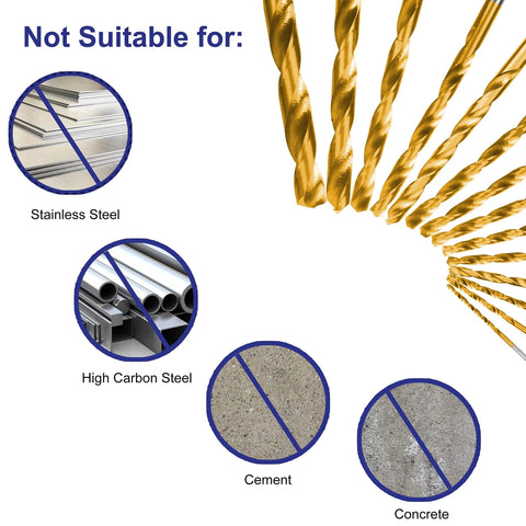 Front view of 99-piece titanium twist drill bit set, gold-coated.