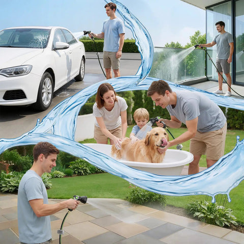 People using Heavy Duty Wall Mounted Garden Hose Reel With 106.6 Ft Reach 1/2 Inch PVC Hose for various outdoor tasks.