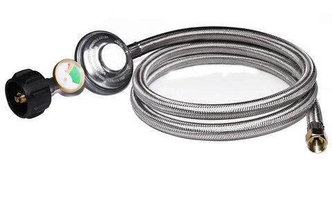 Stainless Braided Propane Regulator Hose With Gauge 5 Feet Long Type 1 QCC 1 Connection 3 8 Inch Female Flare 5 16 Inch LP Hose