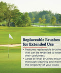 Golf course with trees and a flag, text overlay about Pro Grade Golf Club Washer For Woods And Irons High Capacity No Splash Cleaner With Gentle Bristles Protects Finish Durable Fade Resistant Design Easy To Use Golf Accessory.