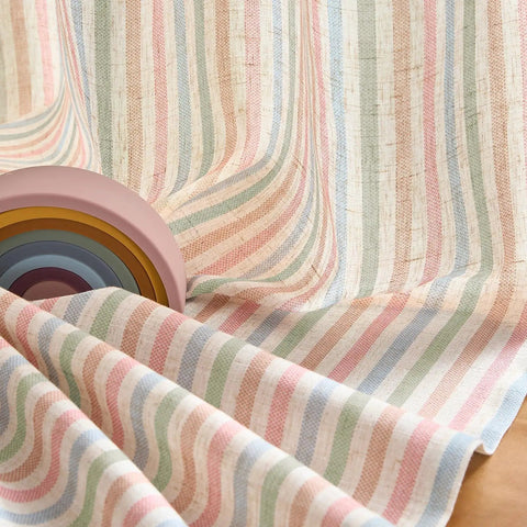 Close-up of Candy Stripe Linen Curtains For Kids Room Two Panels 96 Inch Length Kid Friendly Grommet Window Treatments