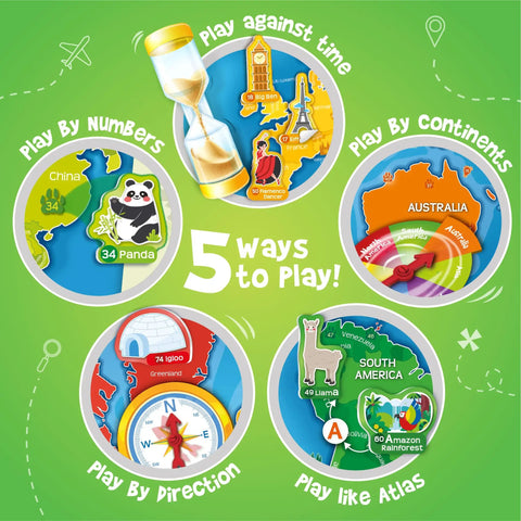Diagram of 5 ways to play with Mapology World Map With Reusable Stickers For Kids Ages Five To Twelve Hands On Interactive Wall Map.