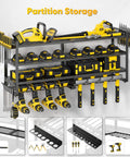 Large Power Tool Organizer Wall Mount Four Layer Beefy Heavy Duty Steel Rack With 400lbs Capacity Battery Storage and Eight Cordless Drill Holders in garage workshop setup