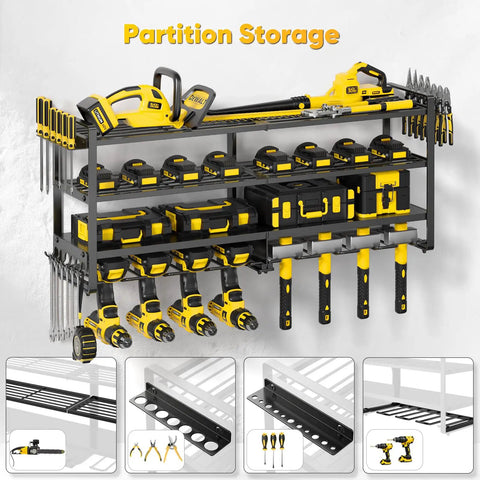 Large Power Tool Organizer Wall Mount Four Layer Beefy Heavy Duty Steel Rack With 400lbs Capacity Battery Storage and Eight Cordless Drill Holders in garage workshop setup