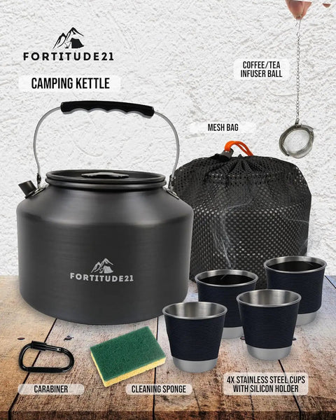 Stovetop Camping Kettle 2.2 Liter Teapot with mesh bag, 4 cups, carabiner, and cleaning sponge displayed outdoors.