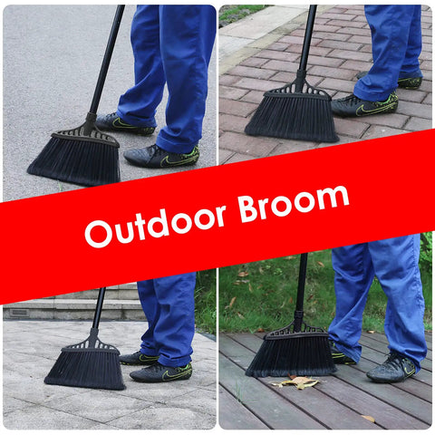 Heavy Duty 3 Pack Broom Set With 55 Inch Telescoping Pole And Padded Eva Grip for cleaning on various outdoor surfaces.