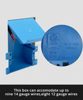 Hassle Free Blue Single Gang Old Work Electrical Outlet Box With Adjustable Flange showing interior dimensions and wire capacity.