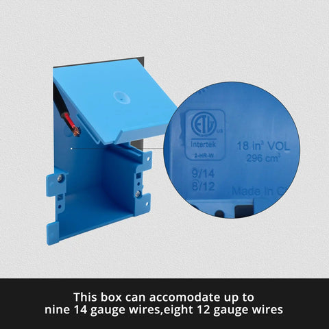 Hassle Free Blue Single Gang Old Work Electrical Outlet Box With Adjustable Flange showing interior dimensions and wire capacity.