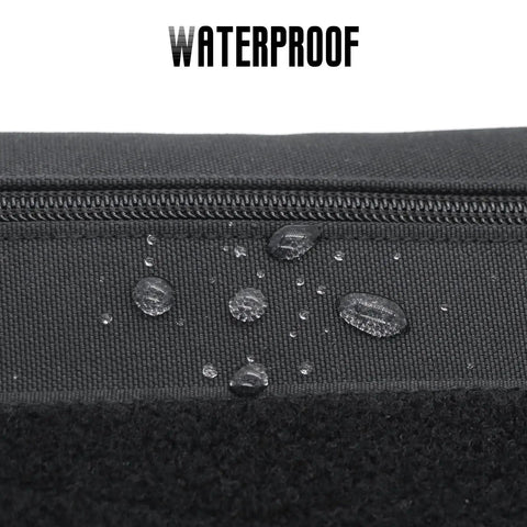 Top Shelf Black 3 Pack Tactical Zipper Pouches Featuring Secure Hook And Loop Panel For Tactical Vest Chest Rig Admin Mod Gear Tool Storage And Day One Ready Essentials Waterproof close-up of droplets on durable black fabric.