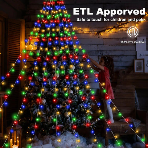 Outdoor Christmas Star Lights 11.5 Foot String With 317 LEDs Multicolor 8 Modes And Timer installed on Christmas tree