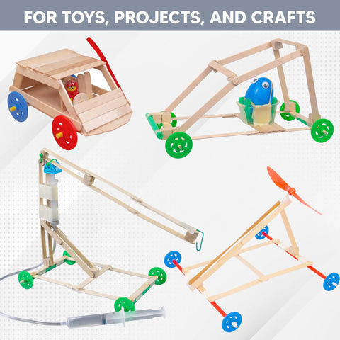 Bulk 100 Pack Small Plastic Wheels For Crafts And STEM Projects, Ideal For DIY Cars, Classroom Activities, And Craft Projects, Includes 4 Colors (25 Each), Durable Toy Wheels For Prototyping And Learning. Plastic craft wheels on popsicle stick STEM car models