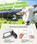 Eco-Smart design with goat in background, showing water bowl setup tips for Top Shelf Automatic Animal Water Bowl With Stainless Steel Body, Dual Float Valve And 71 Inch Hose For Farm No Sweat Setup, Self Fill Kit For Livestock And Pet Care.
