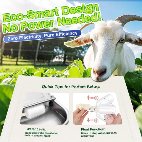 Eco-Smart design with goat in background, showing water bowl setup tips for Top Shelf Automatic Animal Water Bowl With Stainless Steel Body, Dual Float Valve And 71 Inch Hose For Farm No Sweat Setup, Self Fill Kit For Livestock And Pet Care.