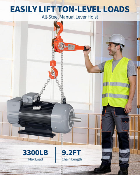 Worker using Beefy 1-1/2 Ton Manual Lever Chain Hoist With 10 Ft G80 Galvanized Chain, 3300 Lb Capacity, lifting motor